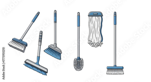 Vector set of detailed household cleaning tools. Includes brushes, brooms, mops, and scrubbers for efficient home hygiene, isolated on white