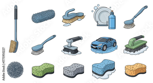 Flat design vector icon set showcasing a variety of cleaning equipment like scrub brushes, sponges, and car wash tools for effective hygiene tasks and household maintenance