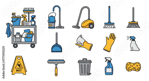 Comprehensive vector icon set depicting essential cleaning and janitorial supplies, including vacuums, mops, gloves, and spray bottles, ideal for maintenance service designs