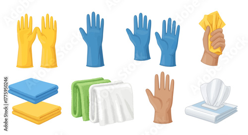 Vector icon set of essential household cleaning supplies, featuring various rubber gloves, microfiber cloths, and wet wipes for hygiene and chores, isolated on white