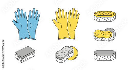 Vector illustration set of various cleaning supplies including rubber gloves and different types of scrubbing sponges, perfect for janitorial and household chores icons on a white background
