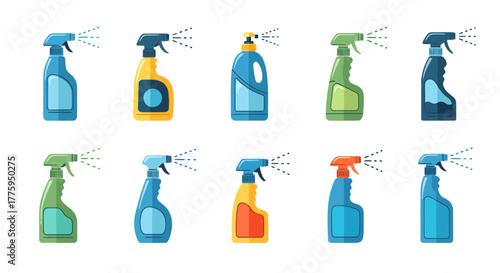 Diverse vector set of household cleaning spray bottles, depicting various product designs for hygiene and sanitation in a clean, minimalist flat style on a white background