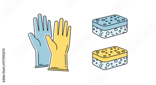 Vibrant vector illustration set of essential household cleaning supplies, showcasing protective rubber gloves and effective scrubbing sponges, perfect for domestic hygiene tasks