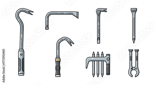 Detailed vector illustration set showcasing various crowbars and pry bars, essential tools for demolition, construction, and home improvement projects, isolated on a clean white background