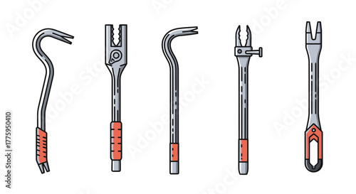 Vector icon set featuring various pry bar tools, essential hand tools for construction, demolition, and renovation projects, isolated on a clean white background