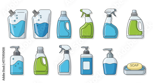 Comprehensive vector icon set depicting various household cleaning product containers, such as detergent refills, spray bottles, pump dispensers, and bar soap, essential for hygiene and sanitation