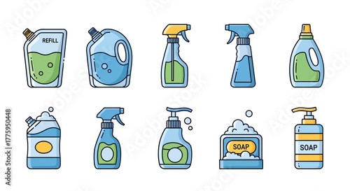 Vector line icon set of household cleaning products, detergents, soaps, and spray bottles for home hygiene and washing supplies, isolated on a white background