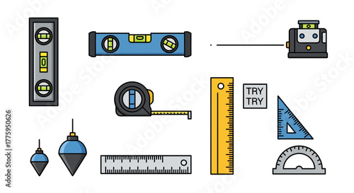 A comprehensive vector icon set featuring essential measuring and leveling instruments, perfect for construction, DIY, and architectural design projects, isolated on a clean white background