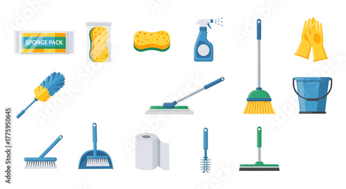 Vector icon set of various cleaning supplies and household tools including sponges, mops, spray bottles, brooms, and gloves for domestic upkeep