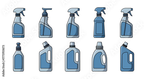 Collection of vector icons depicting various household cleaning product bottles, including spray cleaners and detergents, ideal for graphic design and lifestyle applications