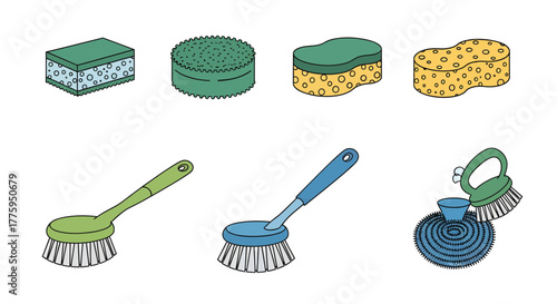 Vector icon set of household cleaning sponges and scrubbing brushes, essential tools for maintaining cleanliness and hygiene in homes, isolated on a white background