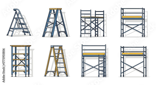 Vector icon set of ladders and scaffolding, construction equipment vector, white background. Essential tools for building, maintenance, and elevated work tasks