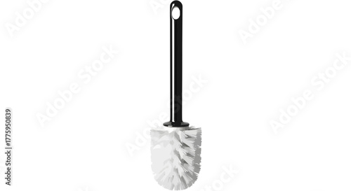 A white-bristled toilet brush with a black handle, an essential household cleaning tool designed for effective bathroom hygiene and sanitation. Presented isolated on a clean white background