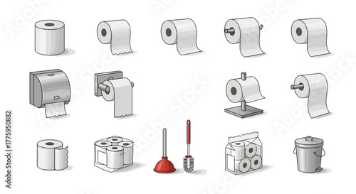 Comprehensive Isometric Vector Icon Set of Bathroom Hygiene Essentials, Featuring Various Toilet Paper Rolls, Holders, Dispensers, Plungers, and Cleaning Tools on a Clean Background