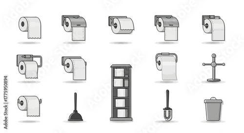 Vector icon set of bathroom essentials. Includes toilet paper, holders, plungers, brushes, and waste bins, ideal for hygiene and sanitation graphic designs