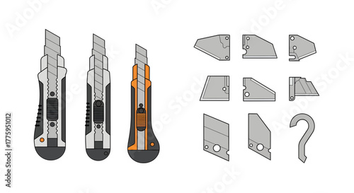 Vector illustration set of utility knives and diverse replacement blades, presented as minimal icons on a clean white background, essential for various design projects and tool-related graphics