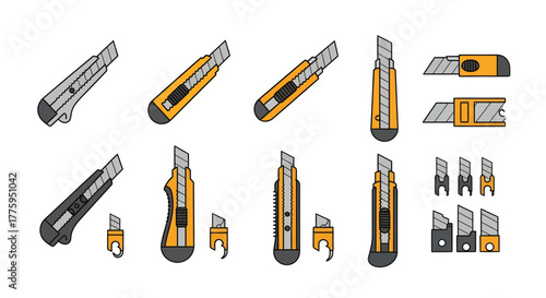 Vector icon set of utility knives and box cutters, featuring various designs, sizes, and blade positions, essential hand tools for cutting, crafts, and office work