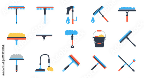 Flat vector icon set featuring a comprehensive collection of window cleaning tools and household equipment for sparkling glass and surfaces, ideal for business branding or home maintenance guides