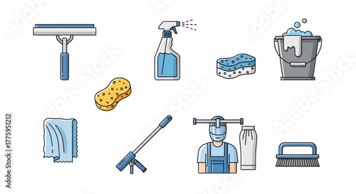 Collection of vector flat line icons depicting various cleaning tools, equipment, and supplies, including professional janitorial items, on a clean white background