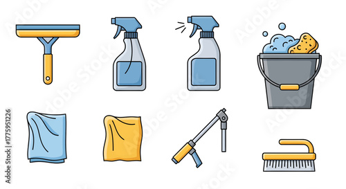 Vector icon set illustrating a variety of essential cleaning supplies and household maintenance tools, perfect for domestic hygiene and professional janitorial services