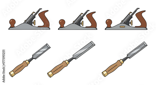 Vector illustration set of classic woodworking tools, featuring detailed hand planes and sharp chisels, ideal for carpentry, craftsmanship, and DIY projects on a clean white background