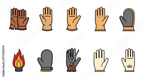 Vector icon set of various protective gloves and essential tools for work safety, construction, and gardening activities, isolated on a clean white background