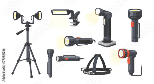 Vector icon set of portable lighting solutions work lights, flashlights, and headlamps. Essential tools for workshops, outdoor adventures, and emergency illumination
