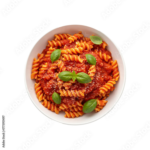 Delicious fusilli pasta with rich tomato sauce and fresh basil