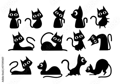 Cat silhouette set cute hand drawn childish kitten figure vector illustration isolated on white background.