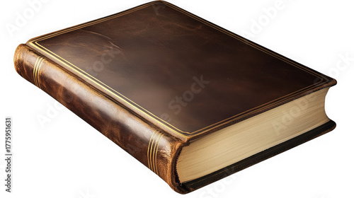 A closed brown leather bound book with gold trim is resting on a black surface in a studio shot on transparent background