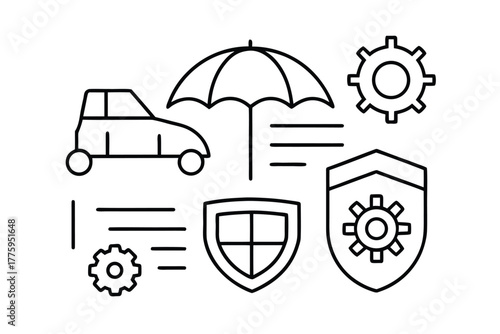 Car Insurance Protection Umbrella Shield and Gears Icon Vector Art illustration