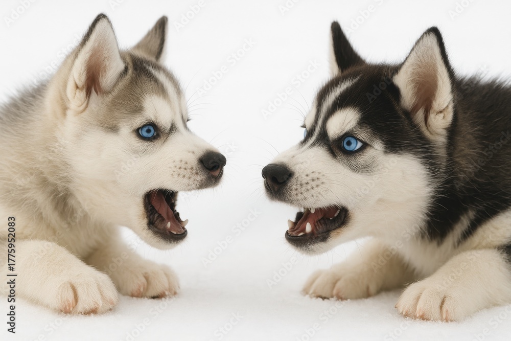 Fototapeta premium Two husky puppies facing each other with open mouths on white background
