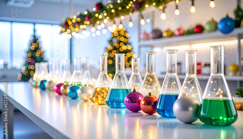 Festive Chemistry Colorful Liquids in Beakers and Flasks with Christmas Decorations