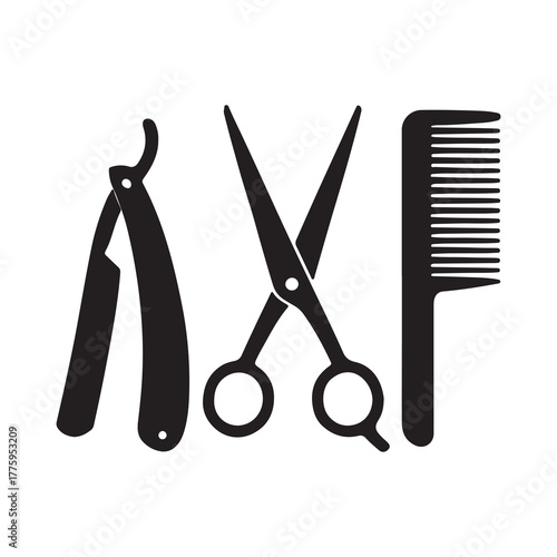 Classic barber tools silhouette featuring a straight razor scissors and comb on white background