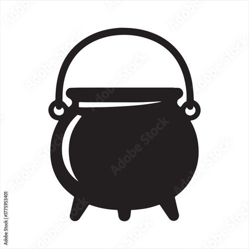 Simple black silhouette of a classic witch s cauldron with a handle and three legs