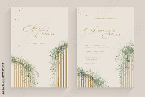 Aesthetic Wedding Invitation with Watercolor Greenery Leaves and branch