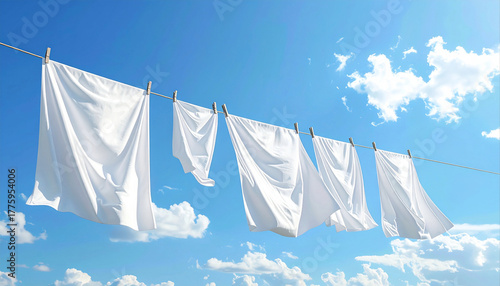 Realistic outdoor photo of clean white laundry hanging and blowing gently in the wind, bright daylight, blue sky, ultra-sharp 8K detail