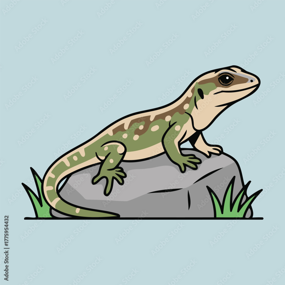 Fototapeta premium Cute Aegean Wall Lizard (Podarcis Erhardii) resting on rock, reptile animal character in flat design style vector illustration
