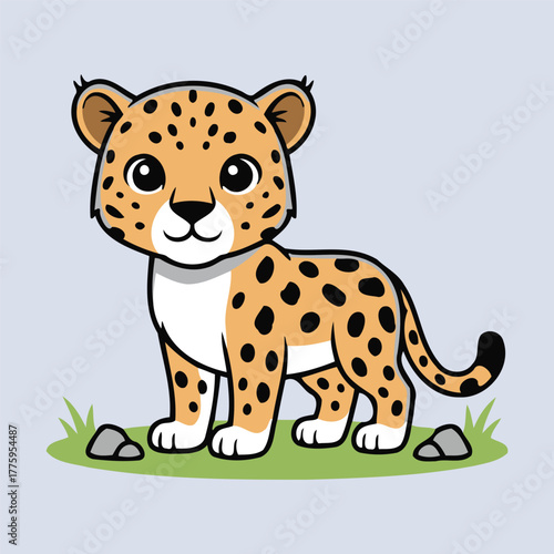 Cute Anatolian Leopard (Panthera Pardus Tulliana) cub standing on grass, wild cat animal character in flat design style vector illustration