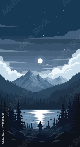 Person watching moonlit lake and mountains at night