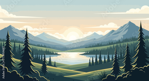 Serene mountain landscape with lake and pine trees at sunrise