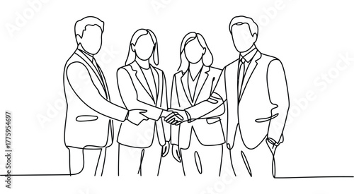 Continuous Line Drawing of Business Team Handshake Celebrating Partnership — Ideal for Corporate Branding, Teamwork Posters, Business Success, Leadership Training, and Collaboration Campaigns