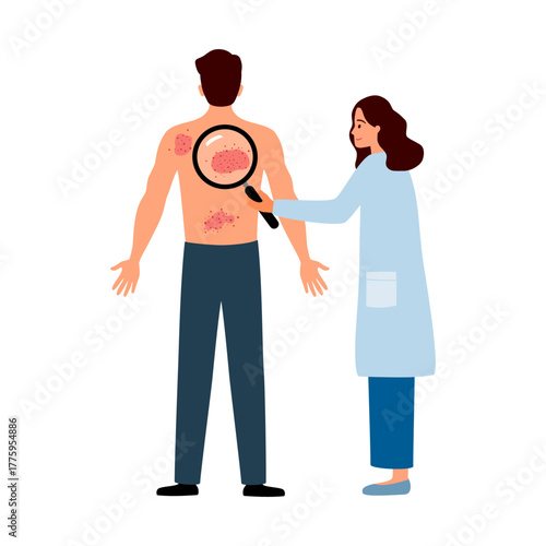 Dermatologist examine patient with skin disease. Doctor checking inflammation on patient's back. Men suffering with psoriasis vector illustration on white background.
