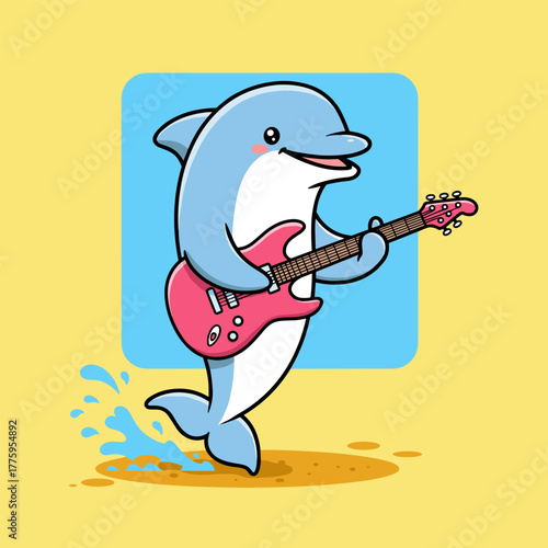 A cute cartoon dolphin stands playing a pink electric guitar, splashing water against a yellow background.