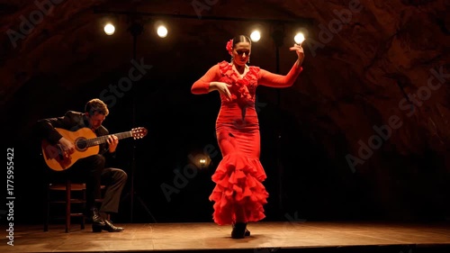 Passionate Flamenco Dancer in Red Dress Performs on Stage with Guitarist.