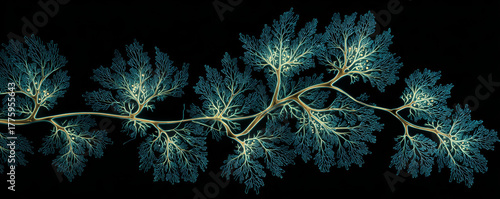 Fractal branch glowing vein organic pattern neural network abstract tree luminous lines dark background bioluminescent symmetry delicate detail