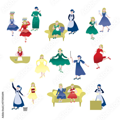 ドレスを着た少女のイラストセット