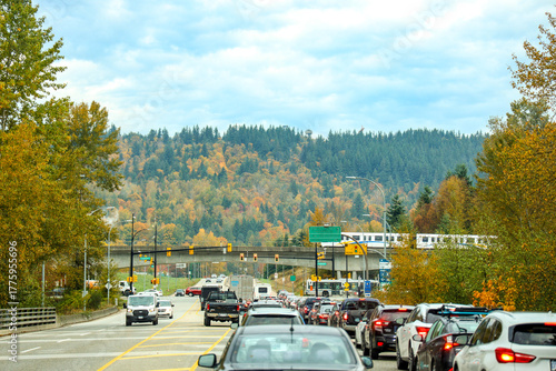Heavy Traffic on Highway 1 in Burnaby, with SkyTrain and Autumn Trees