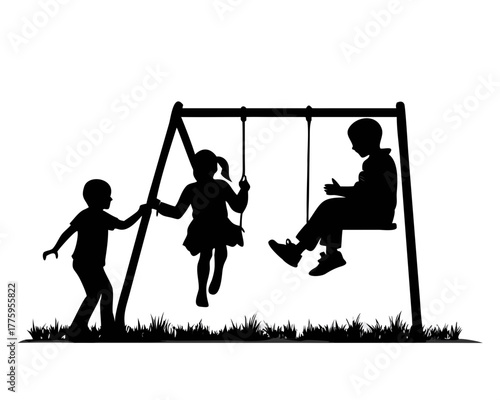 Children playing on swing set, kids enjoying outdoor playground activity, black silhouette vector illustration, childhood fun, recreation, leisure, happiness, joy
