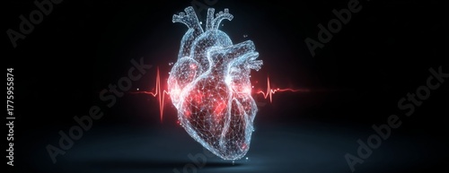 3D rendered human heart model with pulse on dark background  